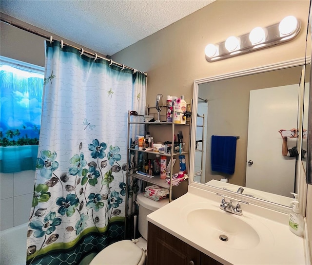 full bathroom featuring a textured ceiling, vanity, shower / bath combo, and toilet