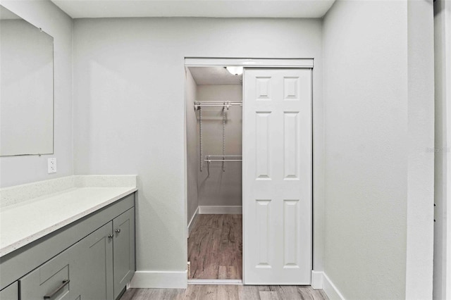 bathroom with hardwood / wood-style floors and vanity