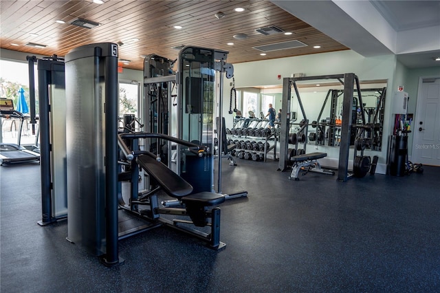 workout area featuring wooden ceiling