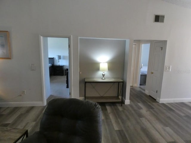 hallway featuring lofted ceiling and dark wood-type flooring