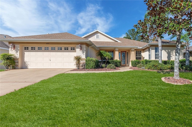 ranch-style home with a front yard and a garage