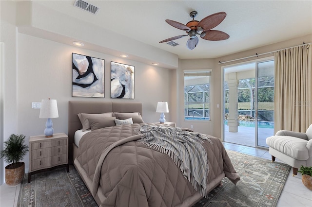 tiled bedroom featuring access to outside and ceiling fan