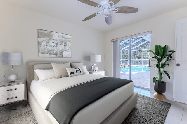 bedroom featuring access to exterior, light tile patterned floors, and ceiling fan