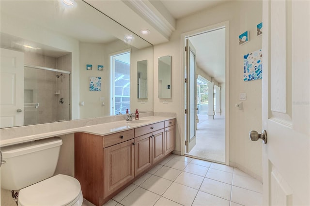 bathroom with tile patterned flooring, vanity, toilet, and a shower with door