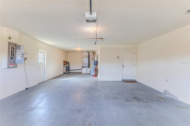 garage with electric panel, water heater, and a garage door opener