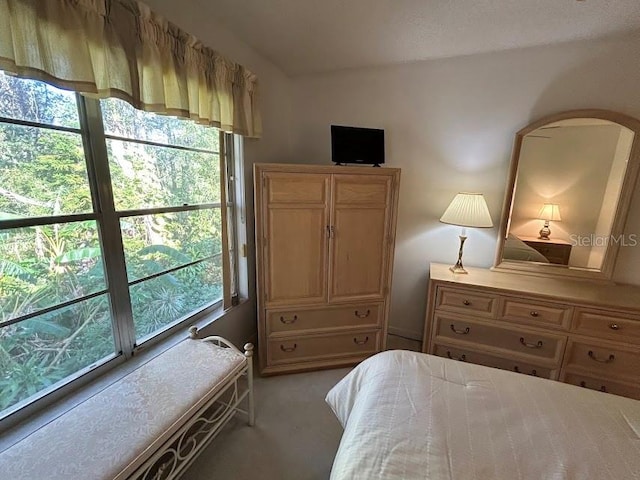 bedroom featuring light carpet