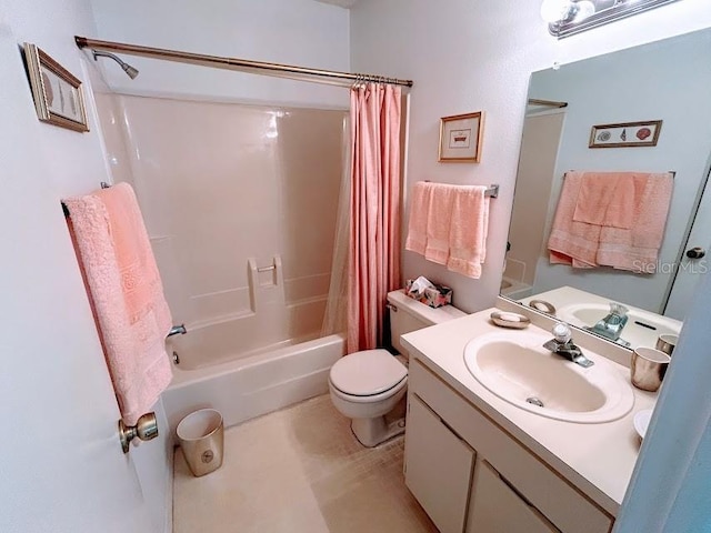 full bathroom with vanity, toilet, and shower / bathtub combination with curtain