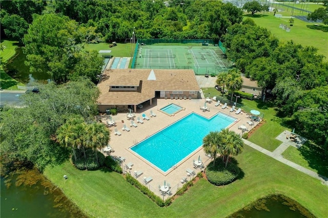 aerial view featuring a water view