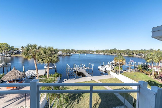 view of dock with a water view