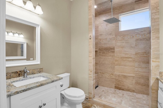 bathroom with vanity, toilet, and a tile shower