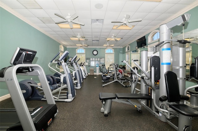 workout area with a paneled ceiling, ceiling fan, and crown molding