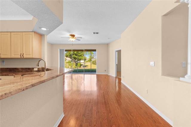 kitchen with ceiling fan, sink, light stone counters, light hardwood / wood-style floors, and a textured ceiling