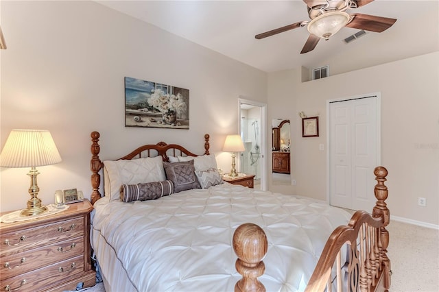 bedroom with carpet, ceiling fan, and a closet