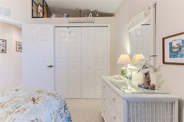 bedroom with vaulted ceiling and a closet