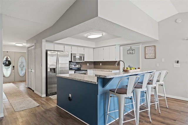 kitchen with dark hardwood / wood-style floors, lofted ceiling, stainless steel appliances, and an island with sink