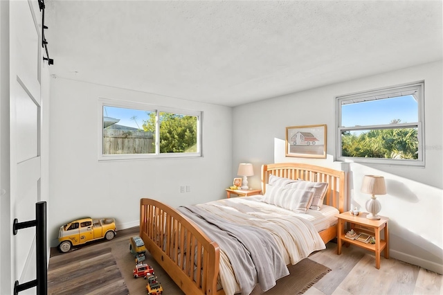 bedroom featuring hardwood / wood-style flooring, a textured ceiling, and multiple windows