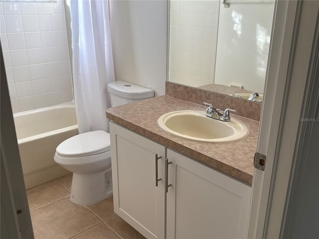 bathroom featuring vanity, tile patterned flooring, toilet, and shower / tub combo with curtain