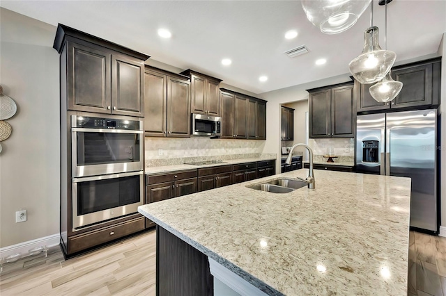 kitchen featuring sink, light wood-type flooring, a kitchen island with sink, and appliances with stainless steel finishes