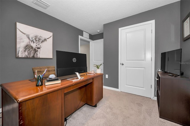 office with light colored carpet and a textured ceiling