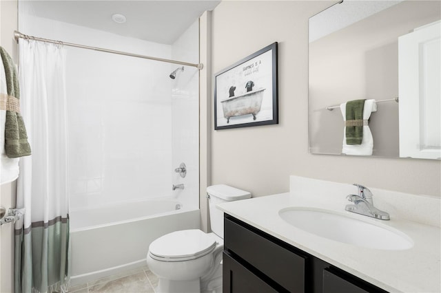 full bathroom featuring tile patterned floors, shower / bathtub combination with curtain, vanity, and toilet