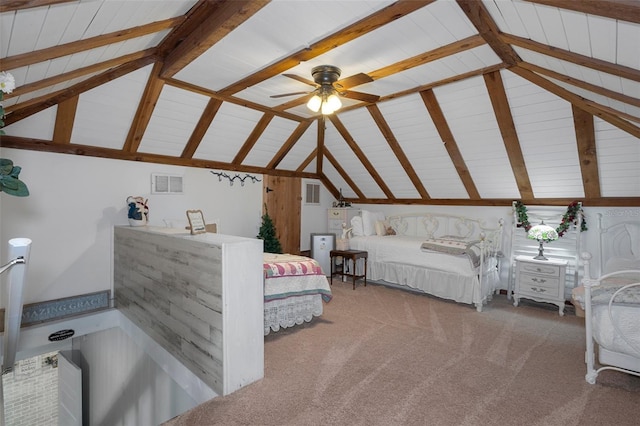 bedroom with carpet flooring, vaulted ceiling with beams, and ceiling fan