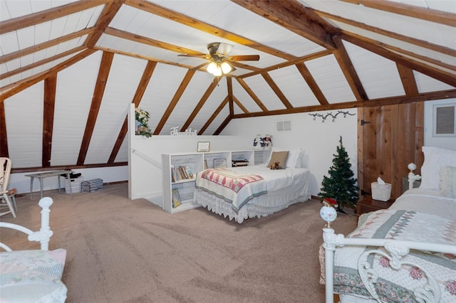 carpeted bedroom featuring vaulted ceiling with beams and ceiling fan