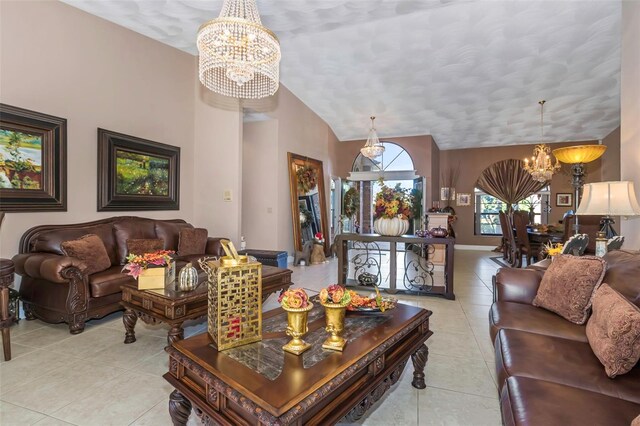 tiled living room featuring vaulted ceiling and a chandelier