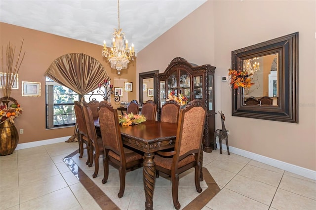 tiled dining area with a chandelier and vaulted ceiling