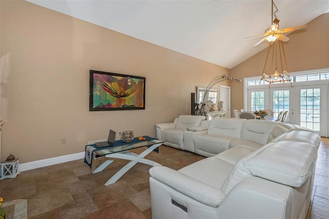 living room featuring french doors, high vaulted ceiling, and ceiling fan