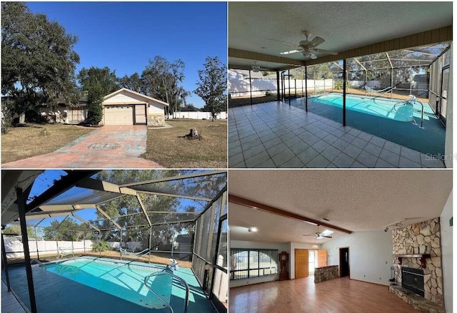 view of pool with a patio, a garage, an outdoor structure, and ceiling fan