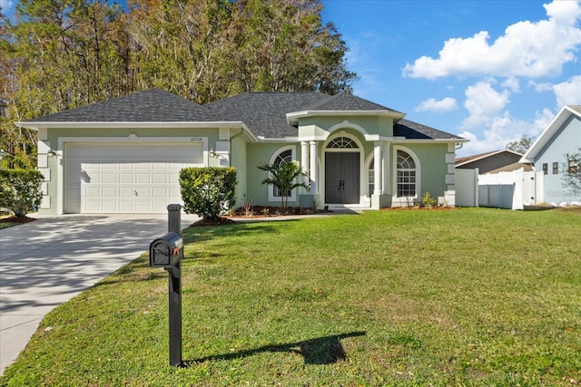 ranch-style home featuring a garage and a front lawn