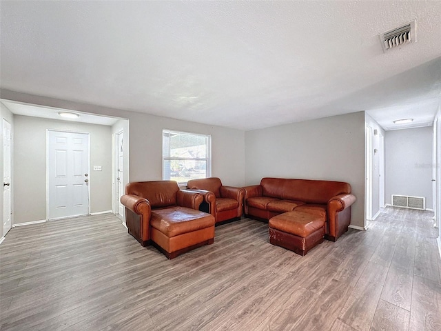 living room with wood-type flooring and a textured ceiling