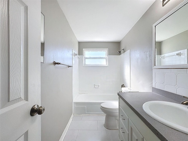 full bathroom with tile patterned flooring, backsplash, toilet, vanity, and tiled shower / bath