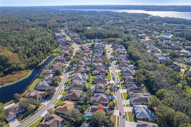 drone / aerial view featuring a water view