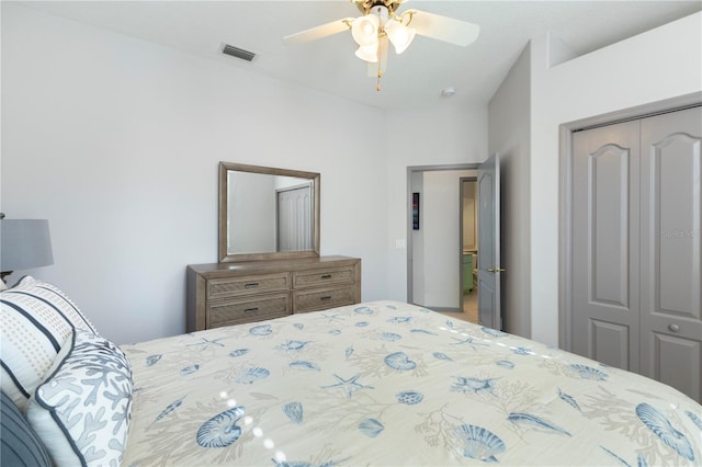 bedroom featuring ceiling fan and a closet