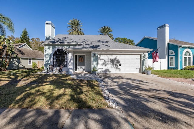 view of front of property featuring a front lawn and a garage