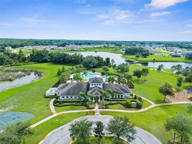 birds eye view of property featuring a water view