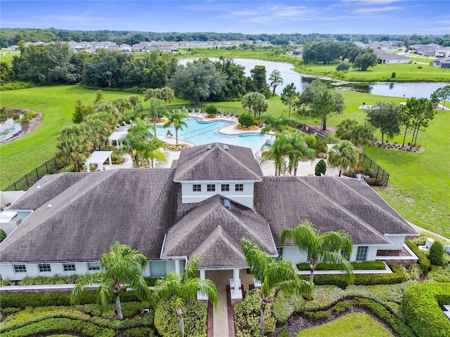 bird's eye view with a water view