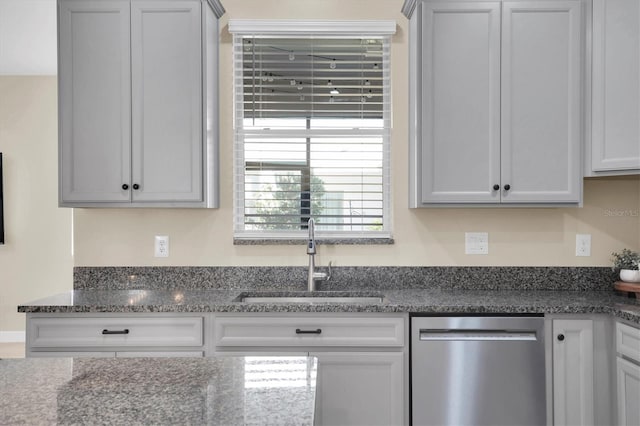 kitchen featuring dishwasher, dark stone countertops, and sink