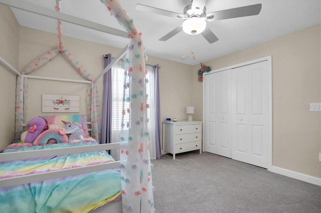 bedroom featuring carpet floors, a closet, and ceiling fan