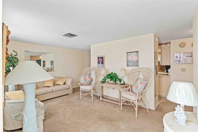 carpeted living room featuring a textured ceiling