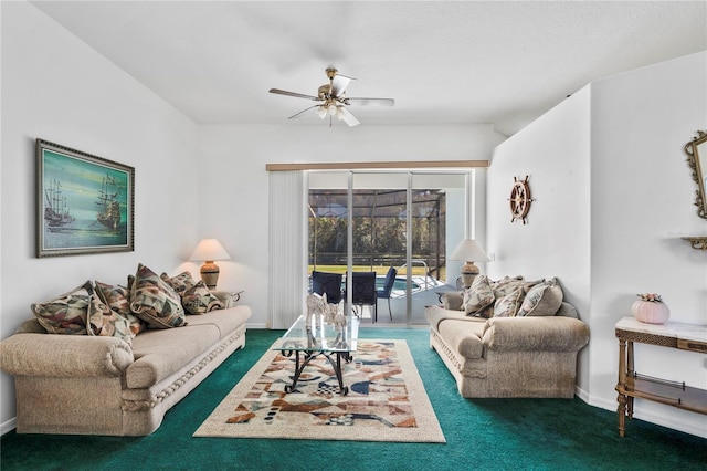 carpeted living room featuring ceiling fan