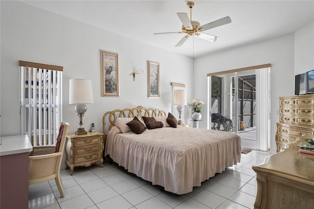 bedroom with light tile patterned floors, access to outside, and ceiling fan