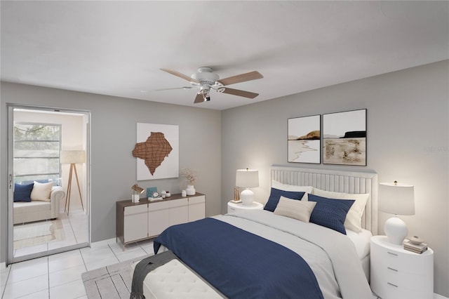 bedroom featuring ceiling fan and light tile patterned floors