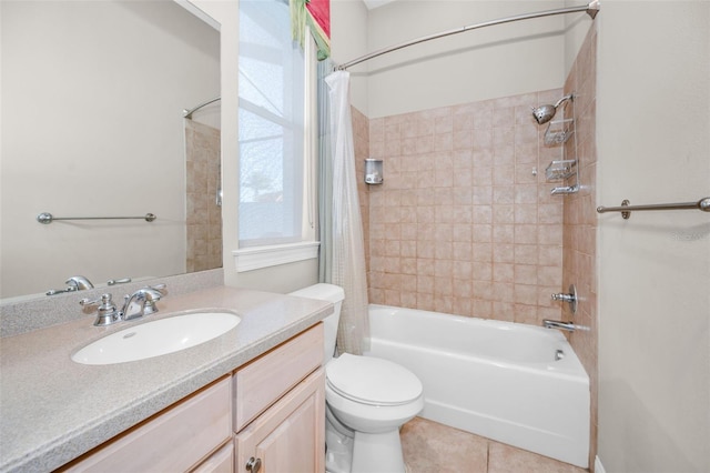 full bathroom with toilet, shower / bathtub combination with curtain, tile patterned flooring, and vanity