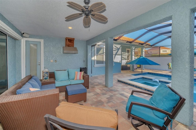 interior space featuring ceiling fan