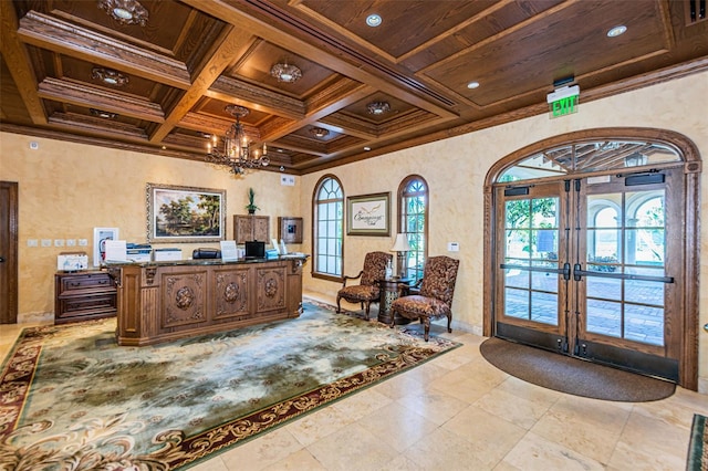 office area featuring french doors, ornamental molding, wood ceiling, a chandelier, and coffered ceiling