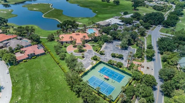 bird's eye view with golf course view and a water view