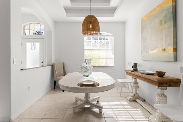 dining space featuring a tray ceiling, a healthy amount of sunlight, and light tile patterned flooring