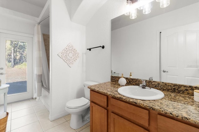 full bathroom featuring vanity, tile patterned flooring, shower / bathtub combination with curtain, and toilet